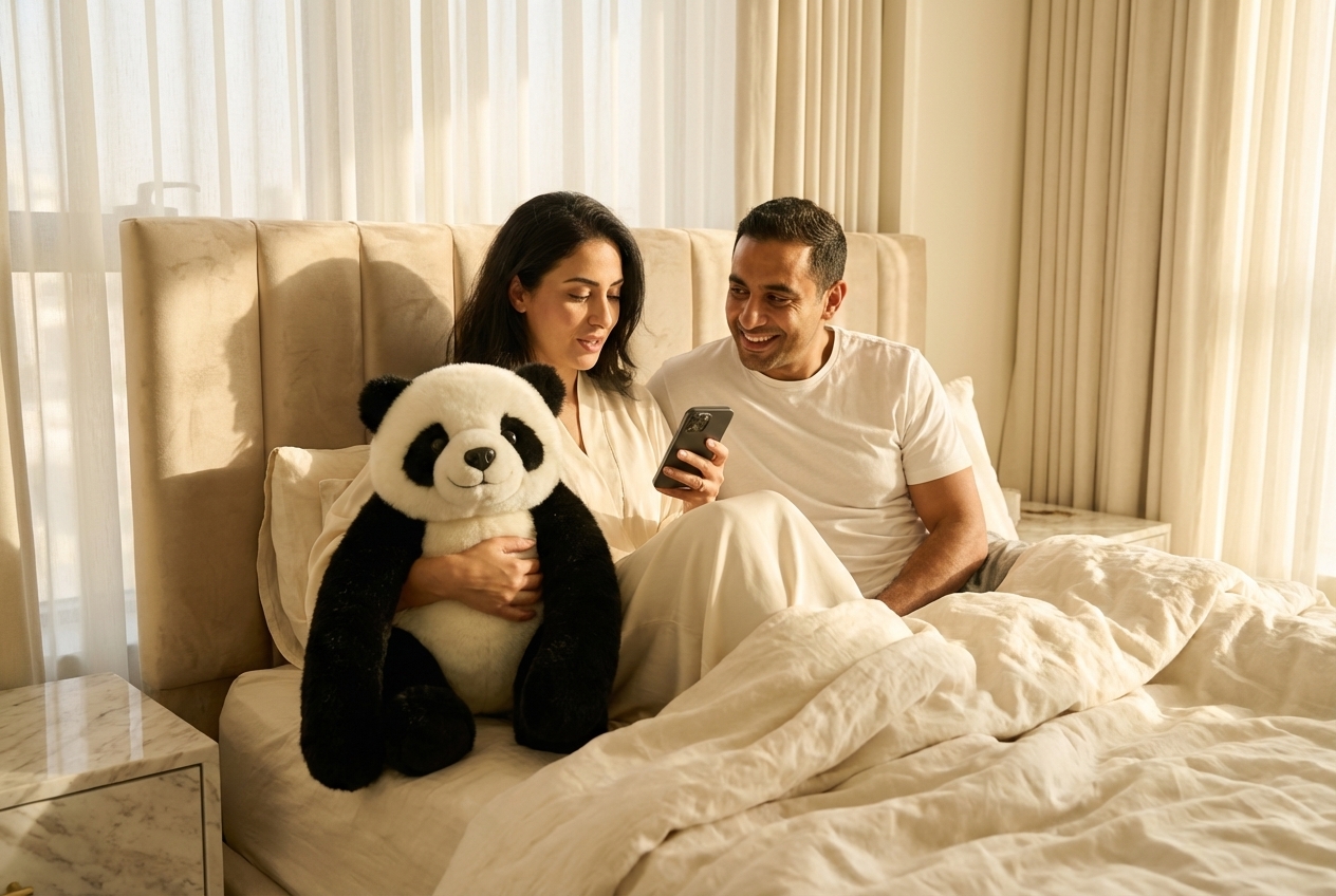 Couple in bed with morning light — woman holding the Grounding Pookie, both smiling and relaxed after a full night of sleep