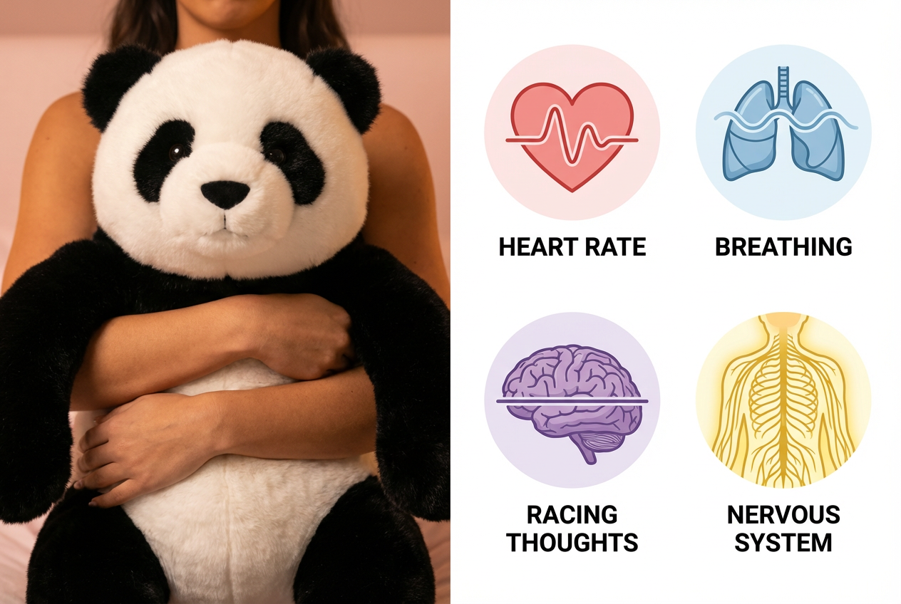 The Grounding Pookie addresses heart rate, breathing, racing thoughts, and nervous system activation simultaneously